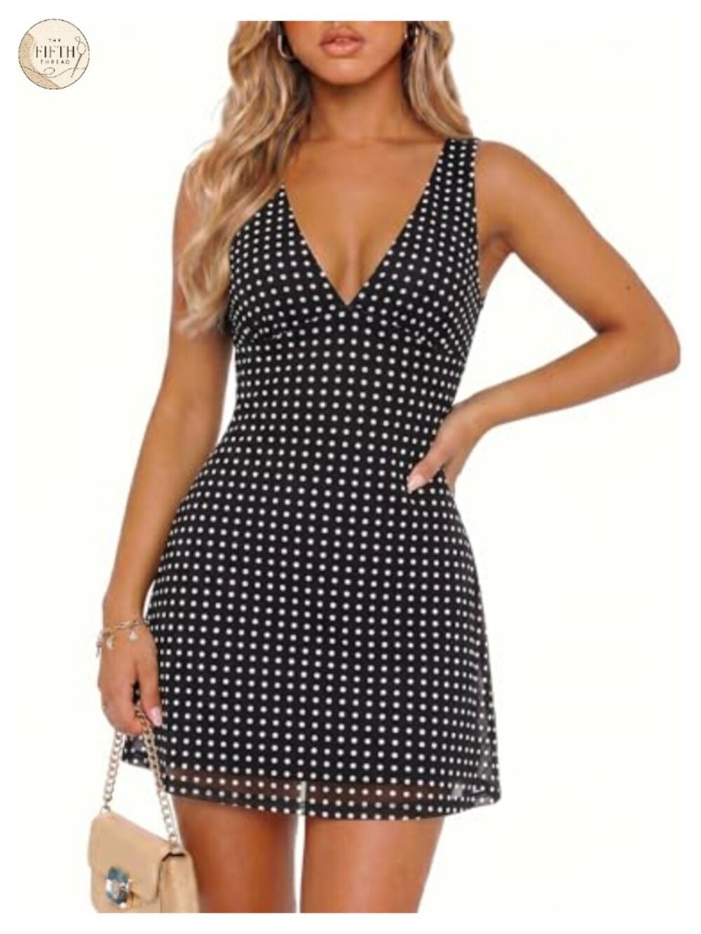 Womens Polka Dot Mini Dress Mesh V Neck Sleeveless Bodycon Club Night Out